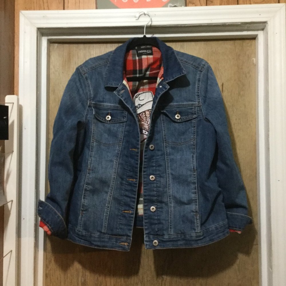 Upcycled project Parasuco lightly lined jean jacket size large plaid inside